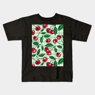 Red cherries on light green gingham Kids T-Shirt